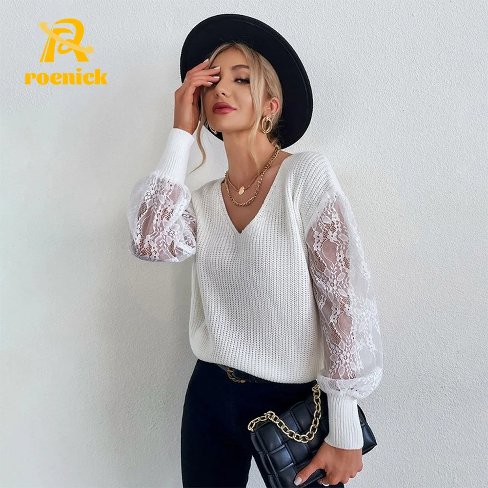 

ROENICK Women Lace Stitching V-Neck Pullover Sweaters Female White Long-Sleeve Knit Crop Tops Loose Short Elegant Y2K Jumpers