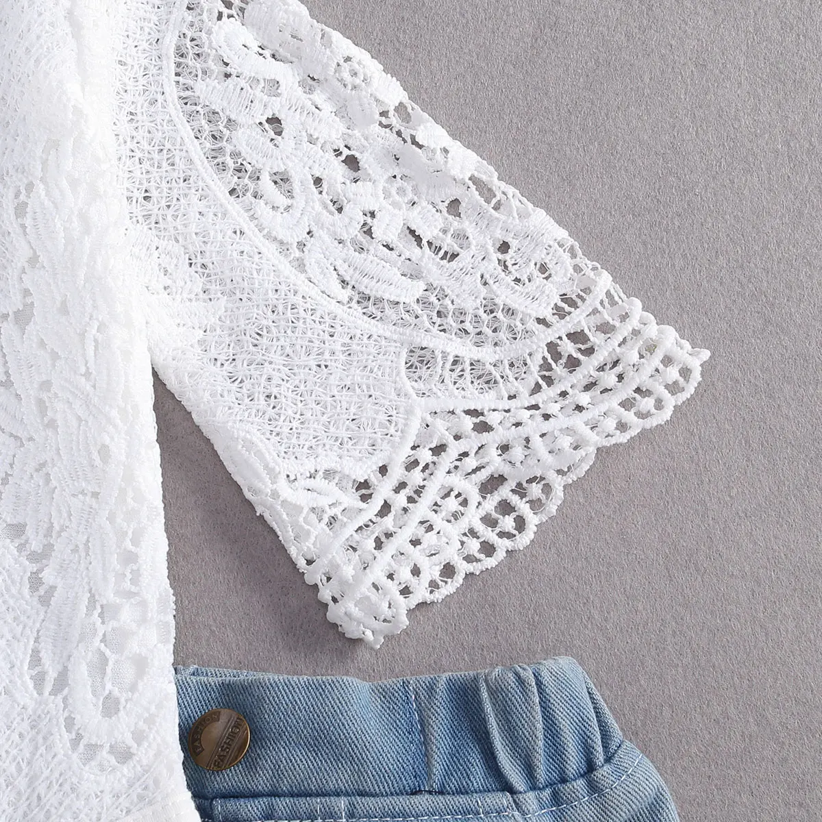 Baby Girls' 0-24M Long Sleeve Lace Romper Suit Triangle Crotch Round Neck top Jeans Denim Set | Детская одежда и обувь