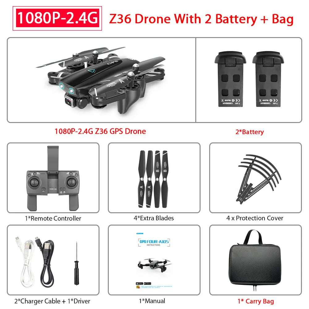 ZWN Z36 gps Квадрокоптер с 720 P/1080 P/4 K HD камерой Rc вертолет gps с фиксированной точкой wifi FPV Дрон следуй за мной режим vs SG900-S E520S - Цвет: 1080P-2.4G 2B Bag