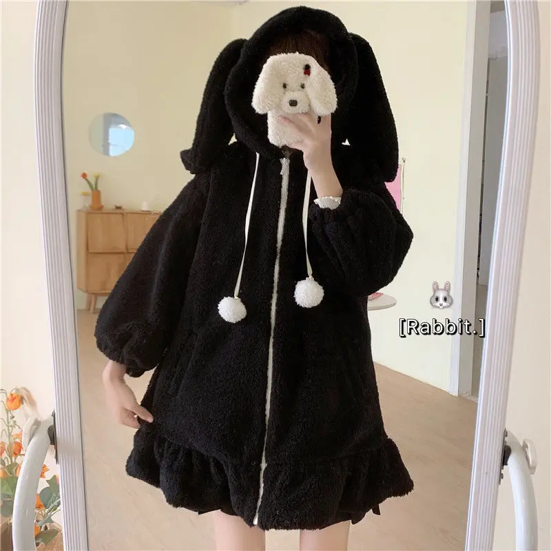 

New Autumn/Winter Jacket Women Soft Girl Cute Rabbit Ears Hooded Ruffled Lamb Wool Padded Coat Student Girl Fall 2021 Female