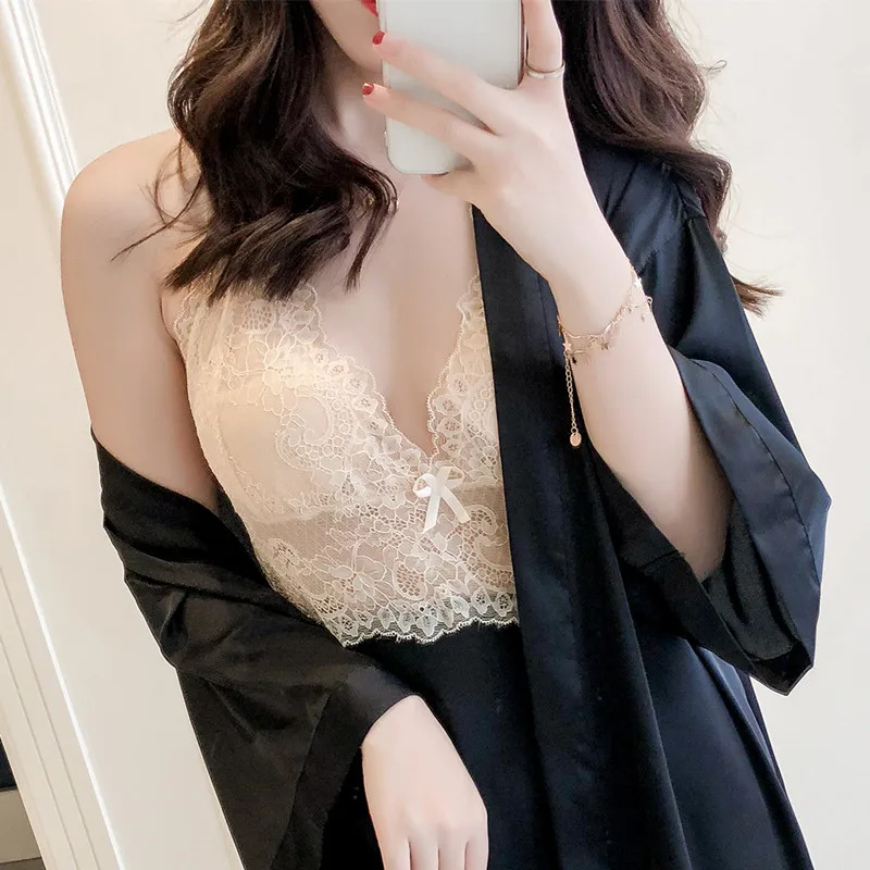 

Spring Summer Women Satin Silk Nightdress Nightgown Two-Piece Lace Hollow Backless Sexy Temptation Charming High-End Nighties