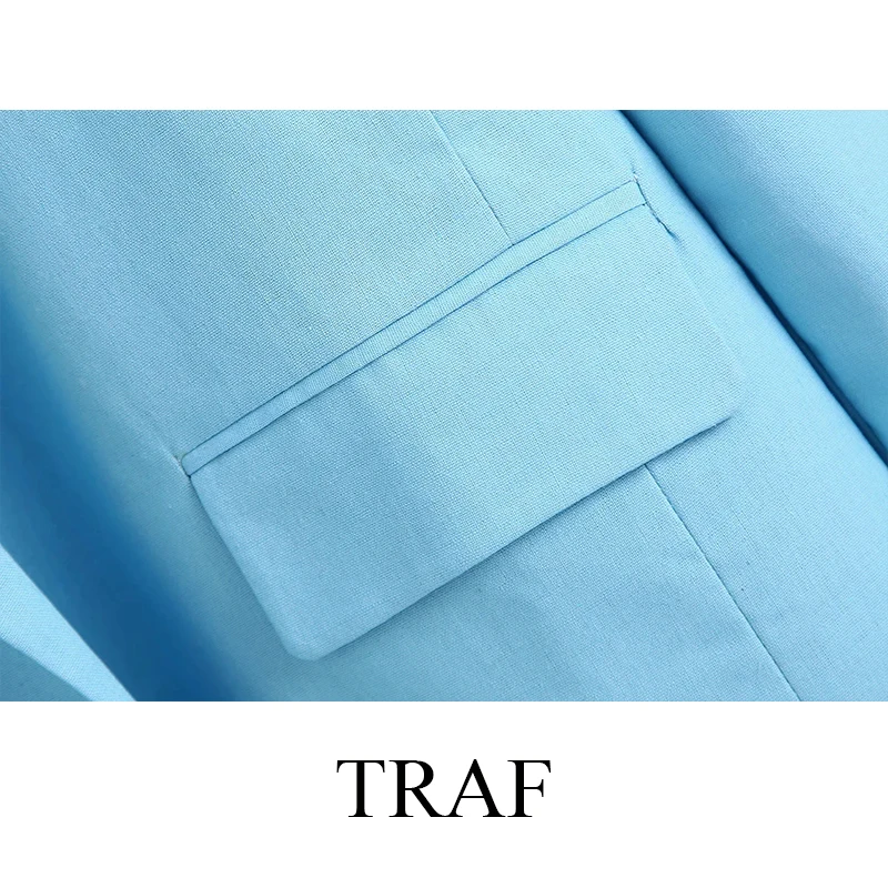 

TRAF ZA Women's Clothing Jackets Fashion Chic Blue Blazer Women's Jacket Female Oversized Long Sleeve PocketsCoat Office Lady