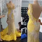 Роскошное женское вечернее платье 2019, вечернее платье с V-образным вырезом, открытой спиной и 3D цветочной аппликацией, платье-Русалка для выпускного вечера, вечерние платья