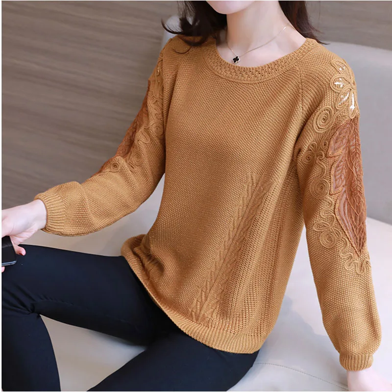 Женский вязаный пуловер свитер с круглым вырезом и длинными рукавами тонкий