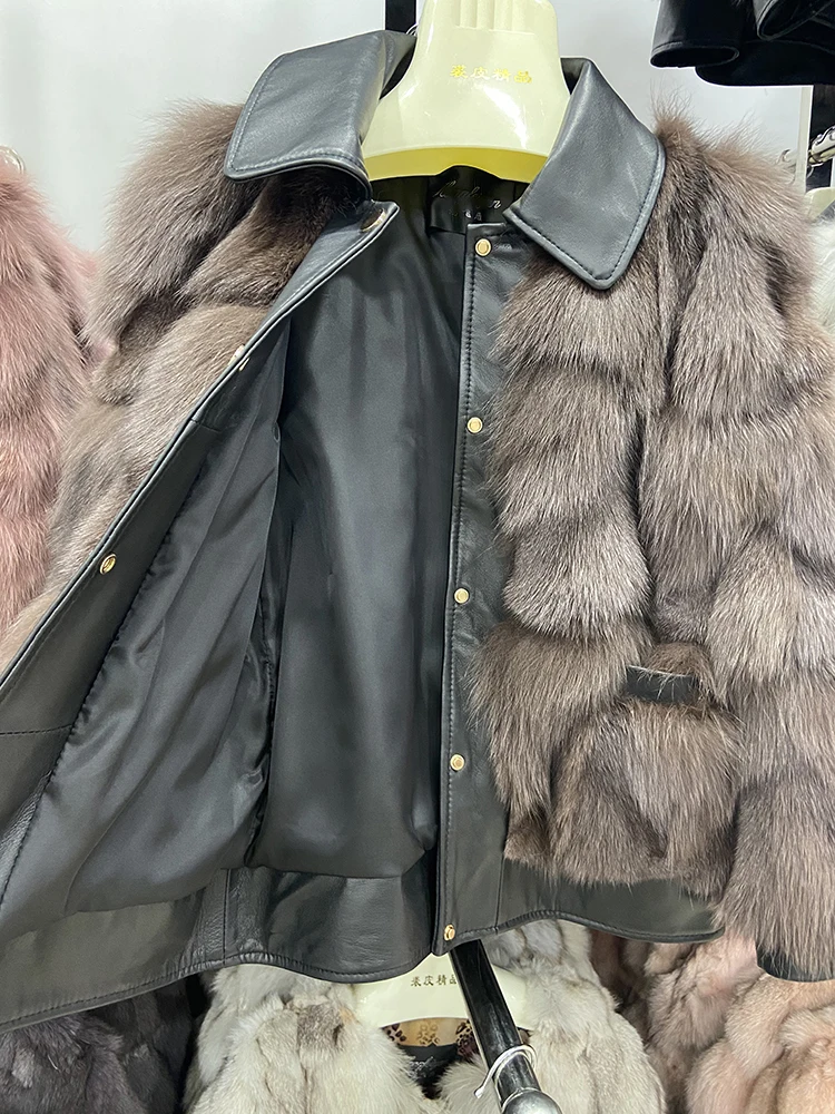 Women Winter Thick Warm Real Fox Fur Jacket Coat Fashion Female Genuine Leather Collar Coats Lady's Fox Fur Overcoat