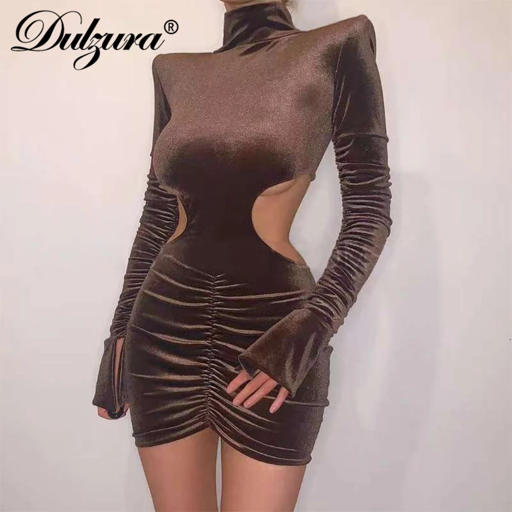 

Dulzura Velvet Women Flare Sleeve Hollow Out Ruched Mini Dress Shoulder Pads Bodycon Backless Party Elegant 2021 Autumn Winter