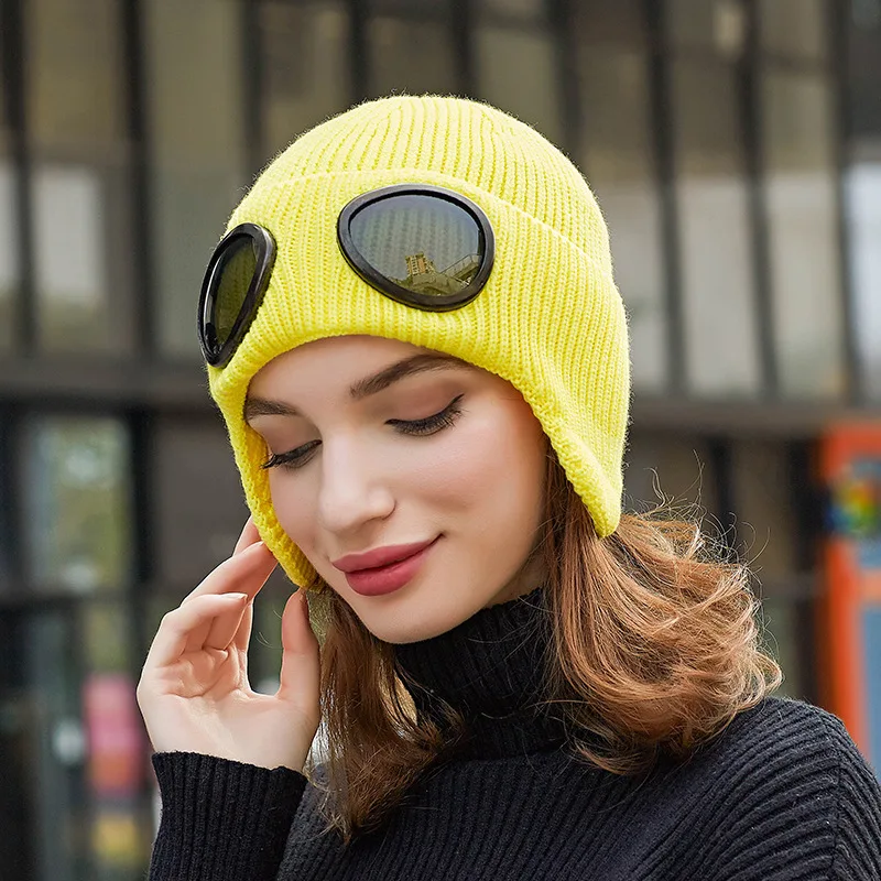 

Fashion Thickened Winter Knitted Hat Warm Beanies Skullies Ski Cap With Removable Glasses For Men Women Spring Women Cap Present