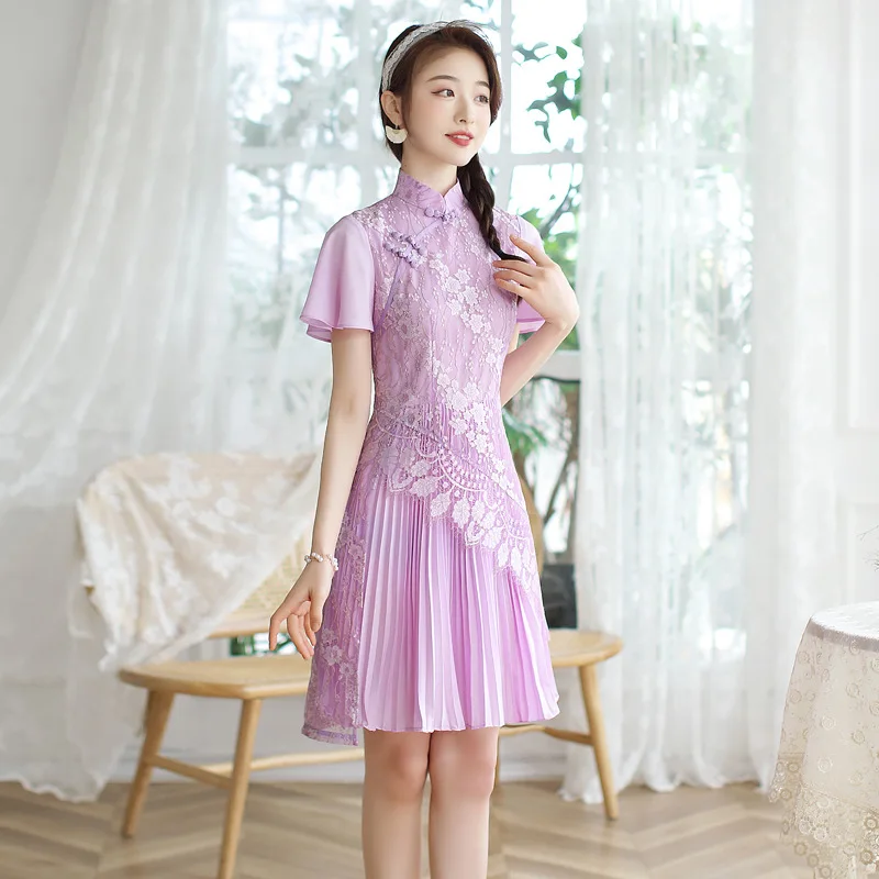 Вечерние нее женское шифоновое кружевное фиолетовое современное Ципао|modern cheongsam