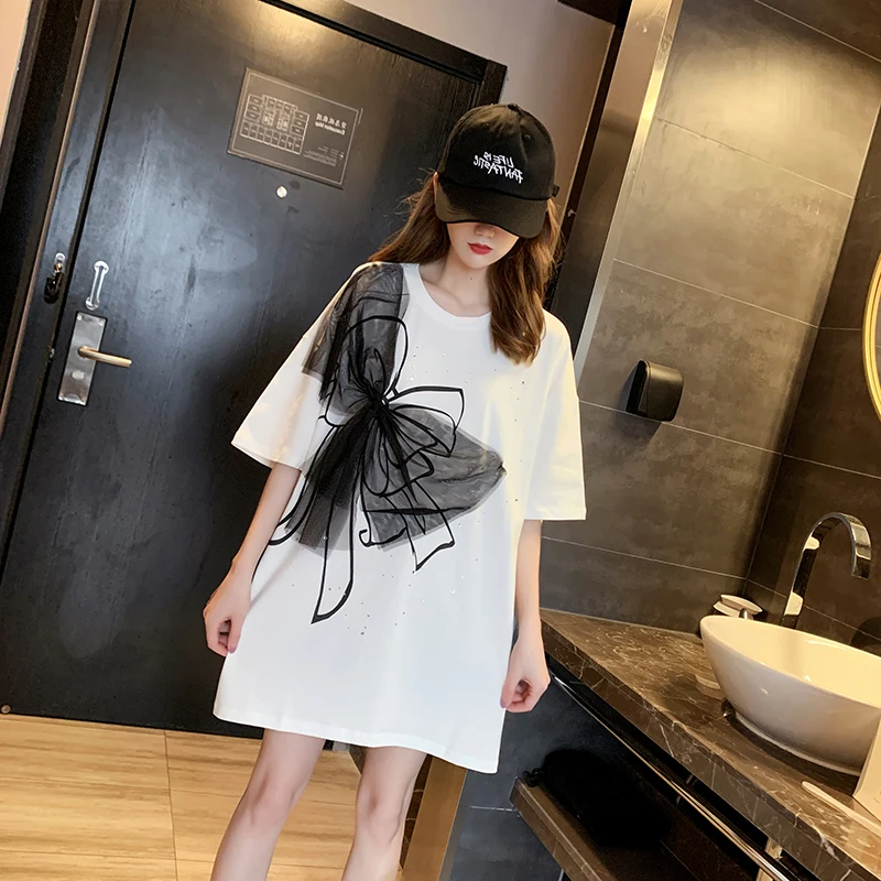 

Black all-match T-shirt women's 2021 summer new design sense sexy lace bow loose short-sleeved contrast top ladies