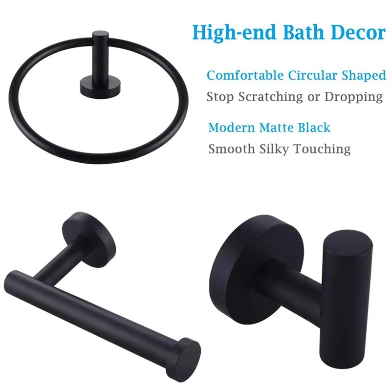 

Matte Black Bath Hardware Set Contemporary Stainless Steel Storage Accessories Kit