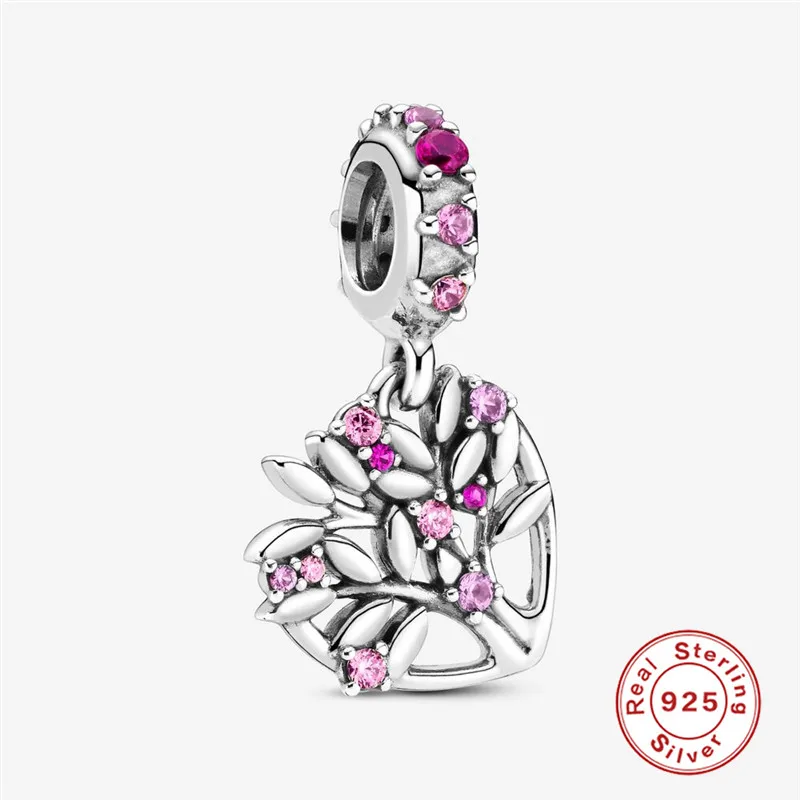 

MC Hot Sell Heart-shape Family Tree With Pink Zircon Pendant Beads Fit Original Charm Silver 925 DIY Jewelry Making For Women