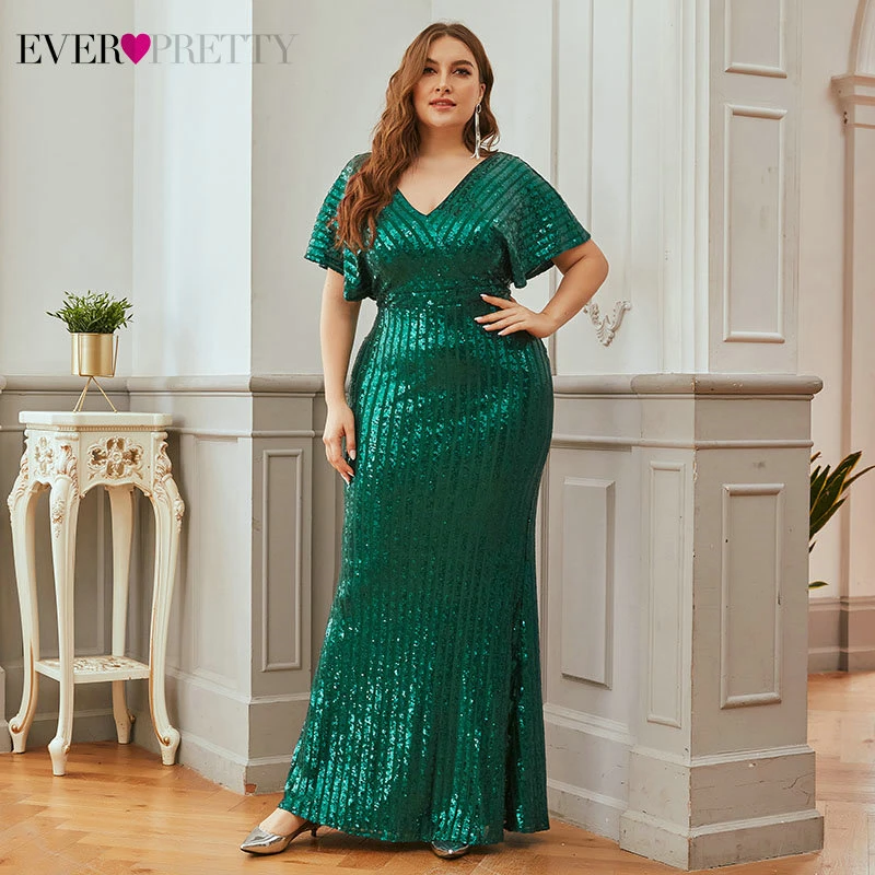 

Plus Size Dark Green Evening Dresses Ever Pretty EP00413DG Mermaid Sequined Short Sleeve Sexy Long Party Gowns Vestidos 2020