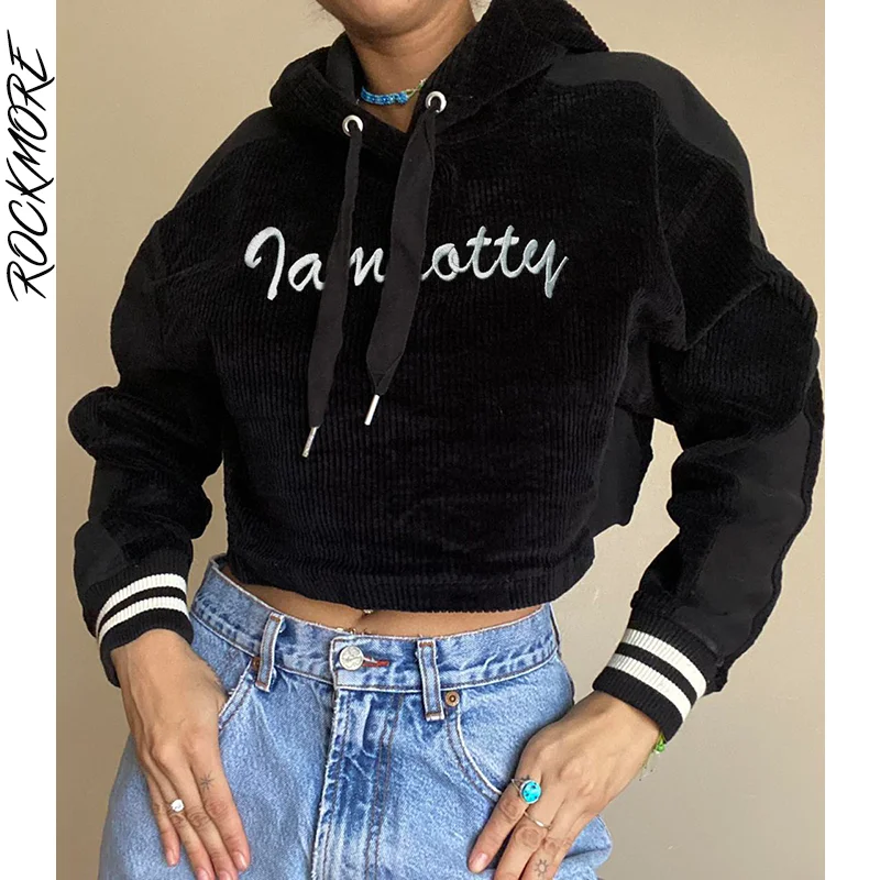 

Rockmore Corduroy Cropped Hoodie Autumn Women'S Sweatshirts Streetwear Loose Patchwork Pullovers Y2K Harajuku Casual Tops Korean