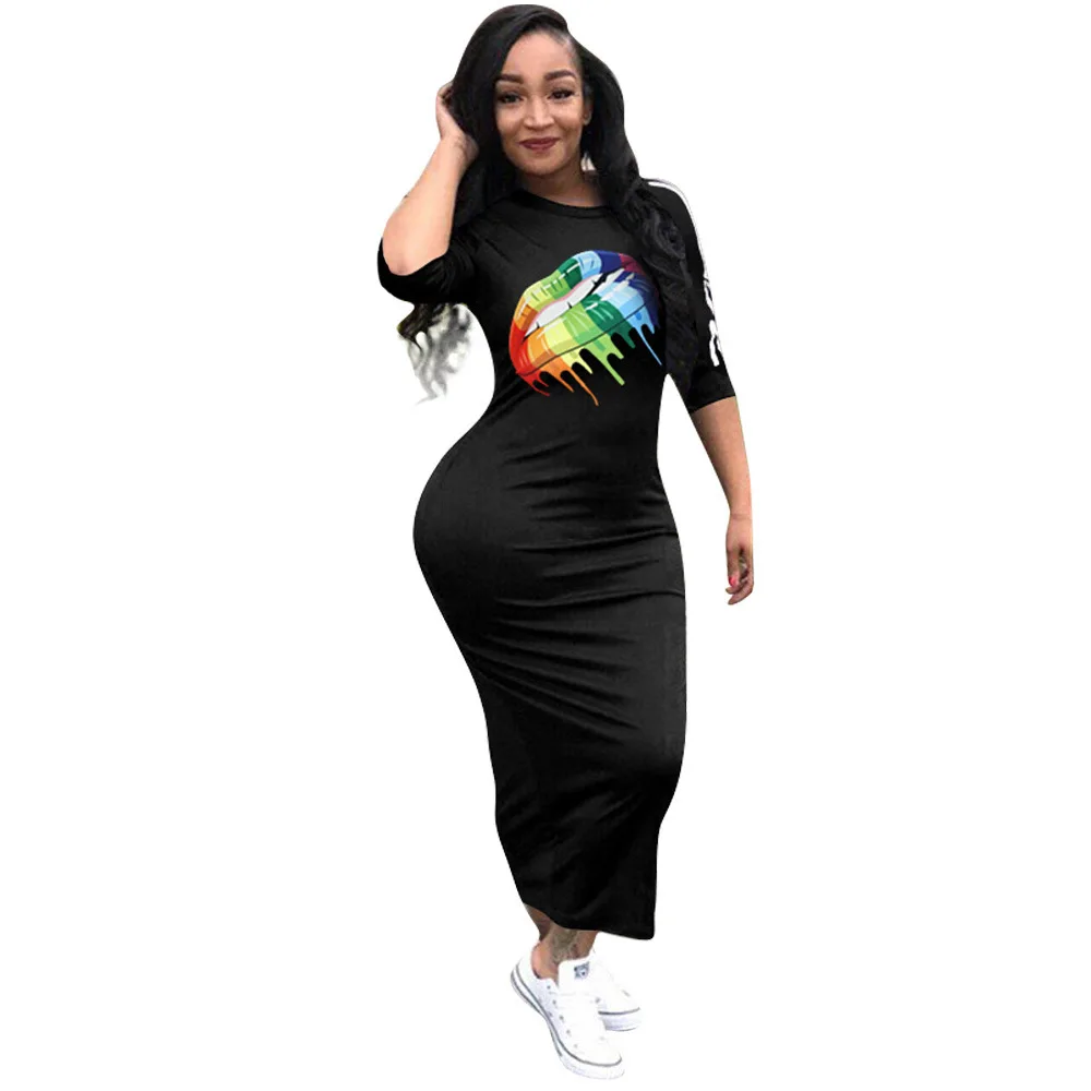 Повседневное Для женщин Bodycon платье летние модные разноцветные радужные губы офсетная печать обхват талии, обхват бедер, ужин платья для Для женщин vestidos mujer