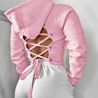 black hooded sweatshirt women fall 2021 long sleeves cross bandage bandage halter fashion pink hoodie pullover casual top