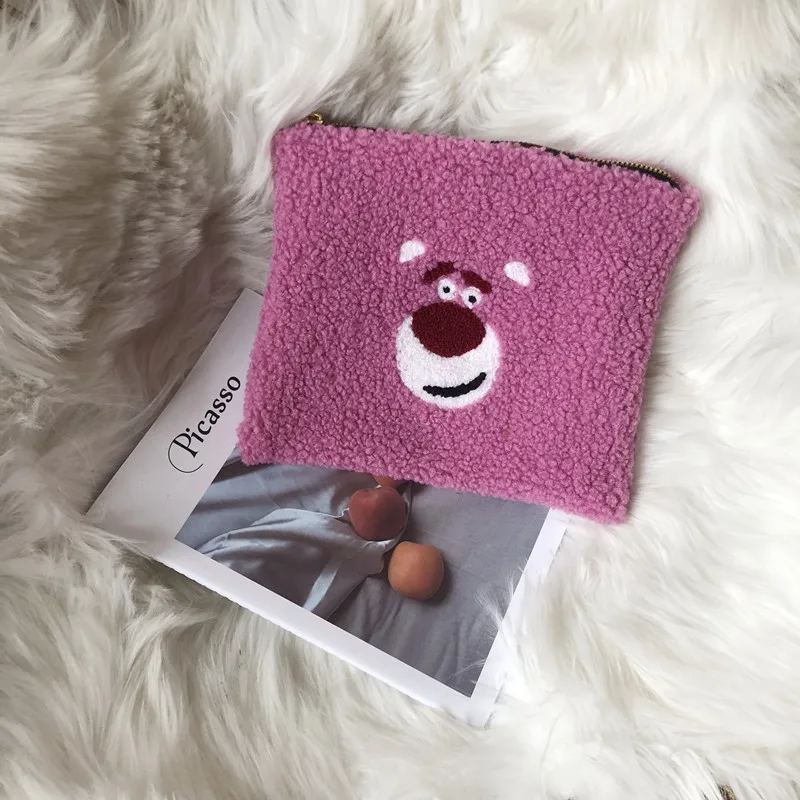 pink Зимние Мультяшные сумки, плюшевая сумка на плечо, милая ручная сумка с вышитым лицом медведя, Женская одноцветная сумка, сумка-тоут, размер 28*30 см - Цвет: pink