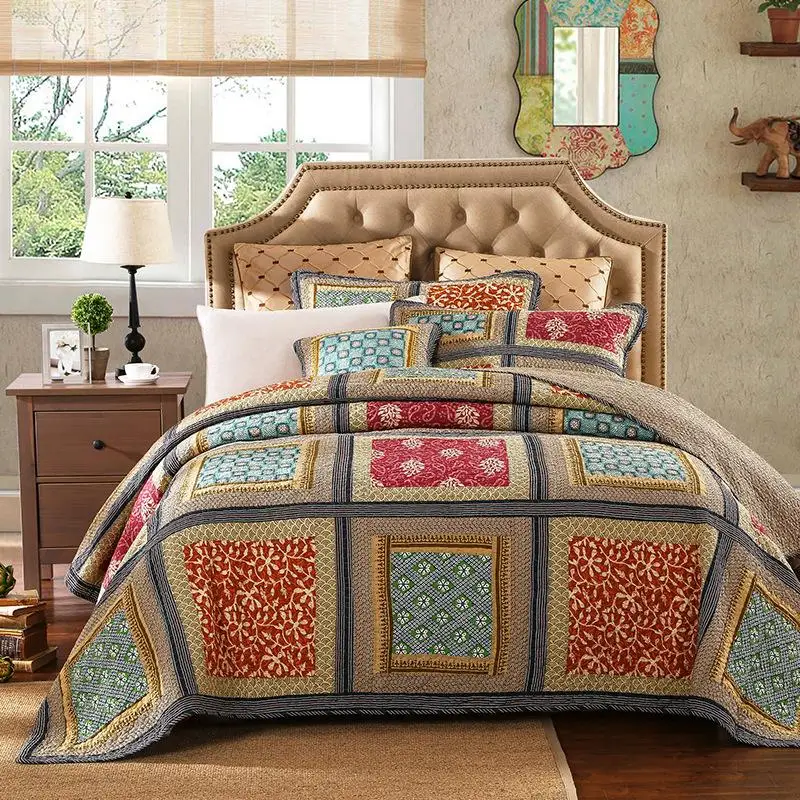 

45 100% Cotton Reversible Coverlet Handmade Patchwork Chic Bedspread Bed cover 2 Pillow shams 3pcs King Queen Size Blanket