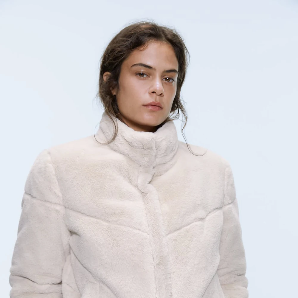 Женское пальто с воротником-стойкой ZA однотонное темно-синее на молнии длинными