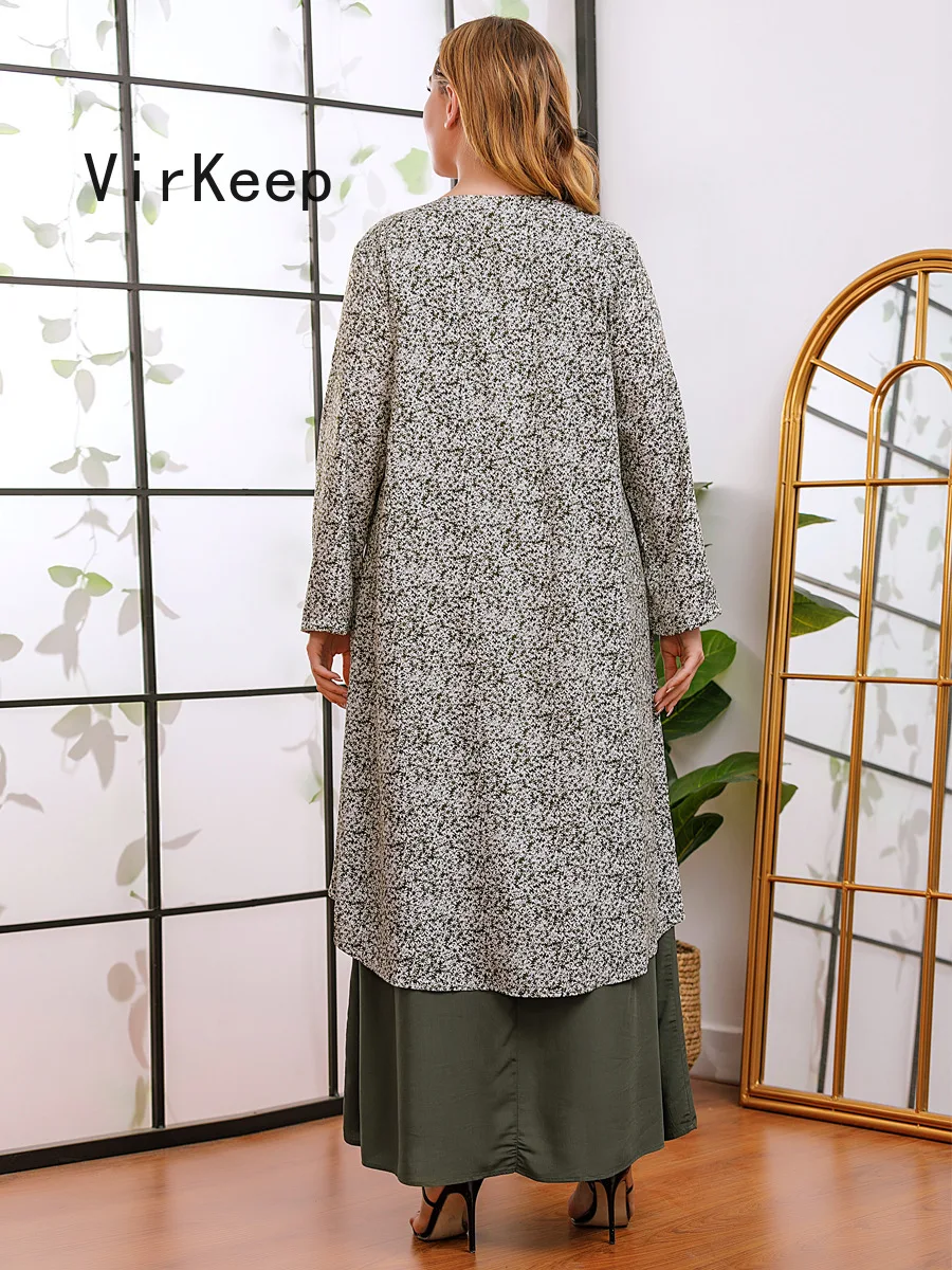 

spring women printed fake two-pieces dress full sleeve casual plus size dubai muslim abaya ramadan robe kaftan gown VKDR2470