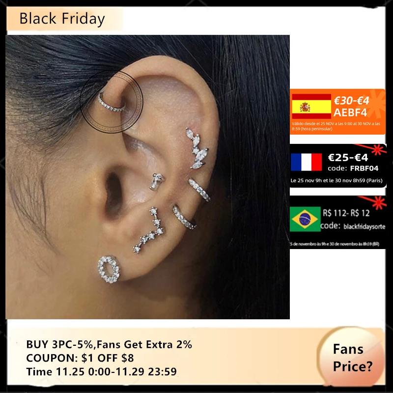 

GS 925 Silver Nose Rings Zircon Pure S925 Sterling Plata Piercing Cartilage Body Jewelry for Women Female Party Wedding Banquet