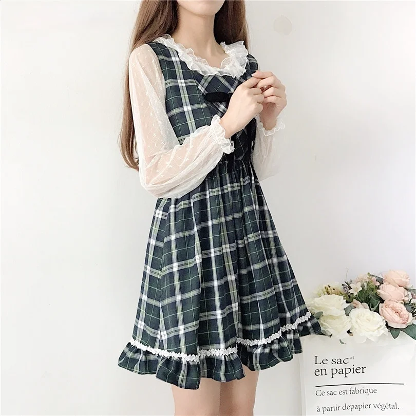 

Japanese Preppy Style Spring Summer Women Sundress Elegant Plaid Sleeveless Dress Cute Kawaii Ruffles Crochet Bow Girl's Dresses