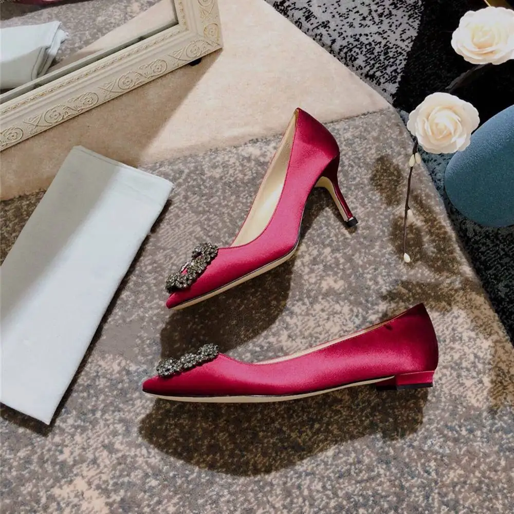 Burgundy 1cm heels Junetxin/женские туфли-лодочки со стразами; элегантные пикантные женские туфли на высоком каблуке; женская обувь с острым носком; женские туфли-лодочки из экстремальной кожи - Цвет: Burgundy 1cm heels