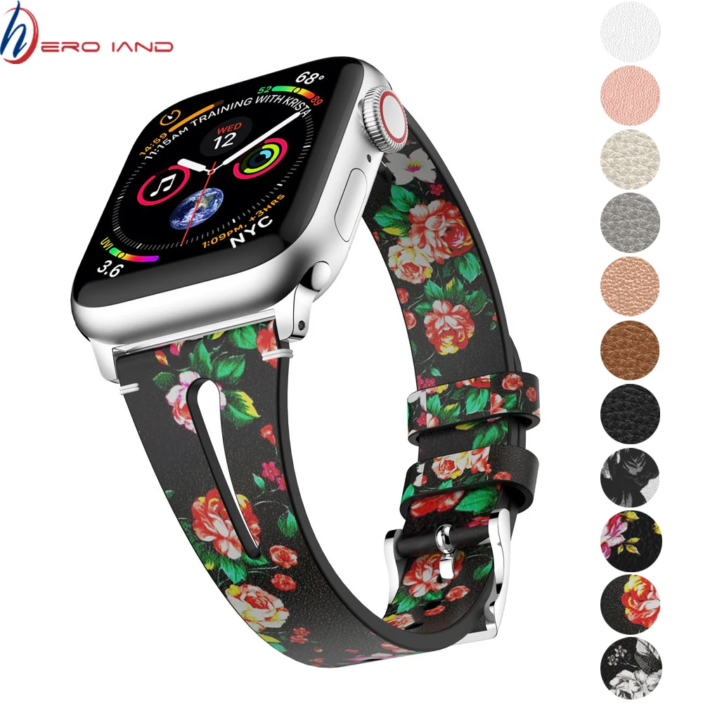 Новый кожаный ремешок с цветочным принтом для Apple Watch серии 4 3 2 1 браслет iWatch 38 мм 42