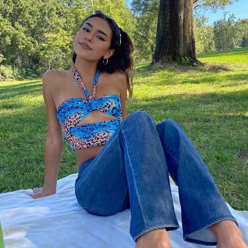 Модные камуфляжные Обрезанные Топы с вырезами в стиле панк бретельками на шее