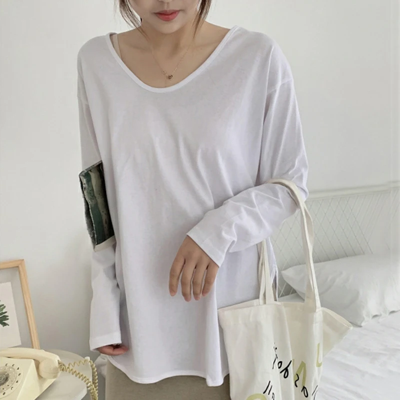 

Autumn White Bottoming Tops Women Korean clothes Split Cotton T-shirt Female Long Sleeve Casual oversized Basic Shirt streetwear