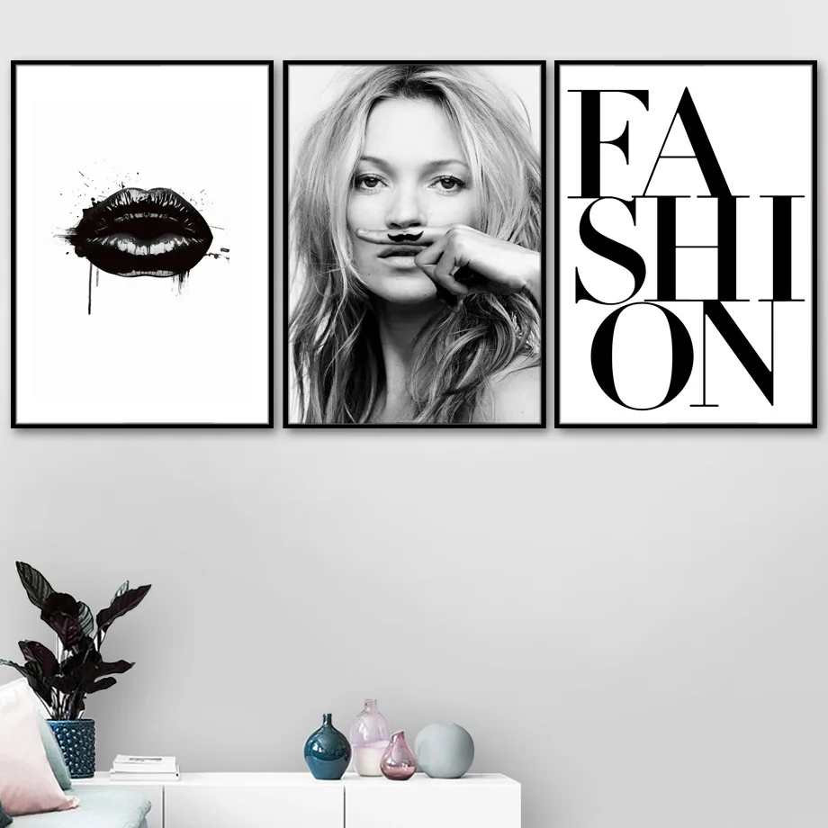 Черно-белая губа модная девушка цитаты настенная картина на холсте