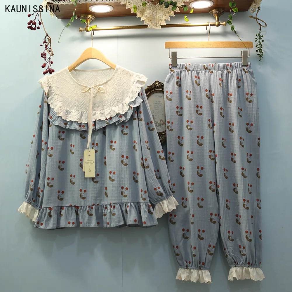 

Cotton Pajamas Women Autumn and Winter Cute Princess Sleepwear Long Sleeve Shirts Long Pants Lace Trim Nightwear Pajama Sets