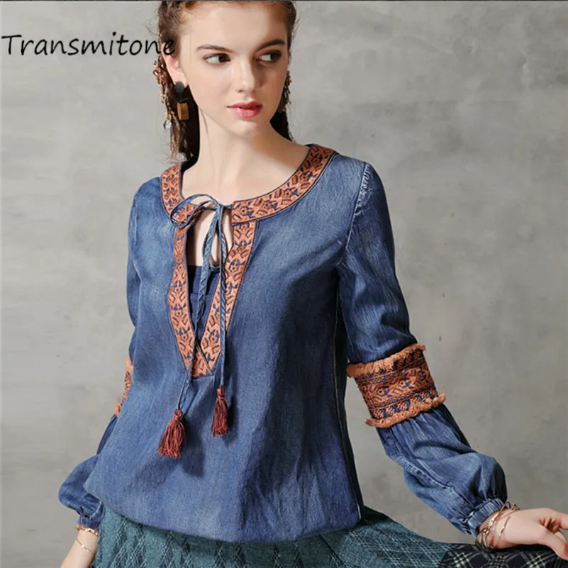 

100% Cotton Embroidery Blouse Women 2019 Vintage Autumn Womens Tops Shirt Blouses O-Neck Long Lantern Sleeve Shirt 9283
