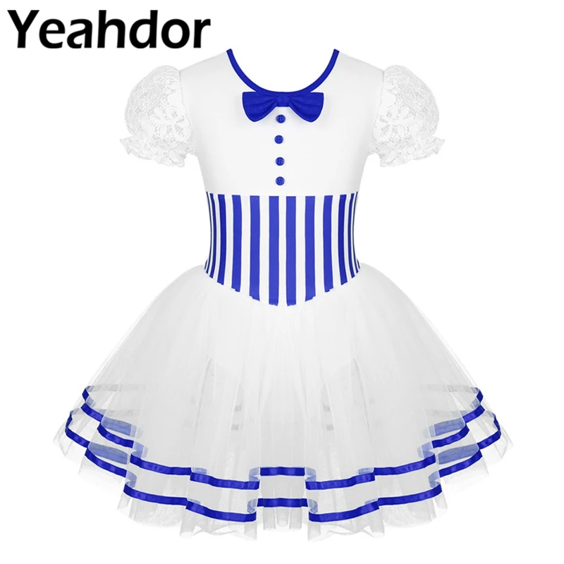 Детское платье для девочек с Короткими Кружевными Рукавами фонариками Полосатое