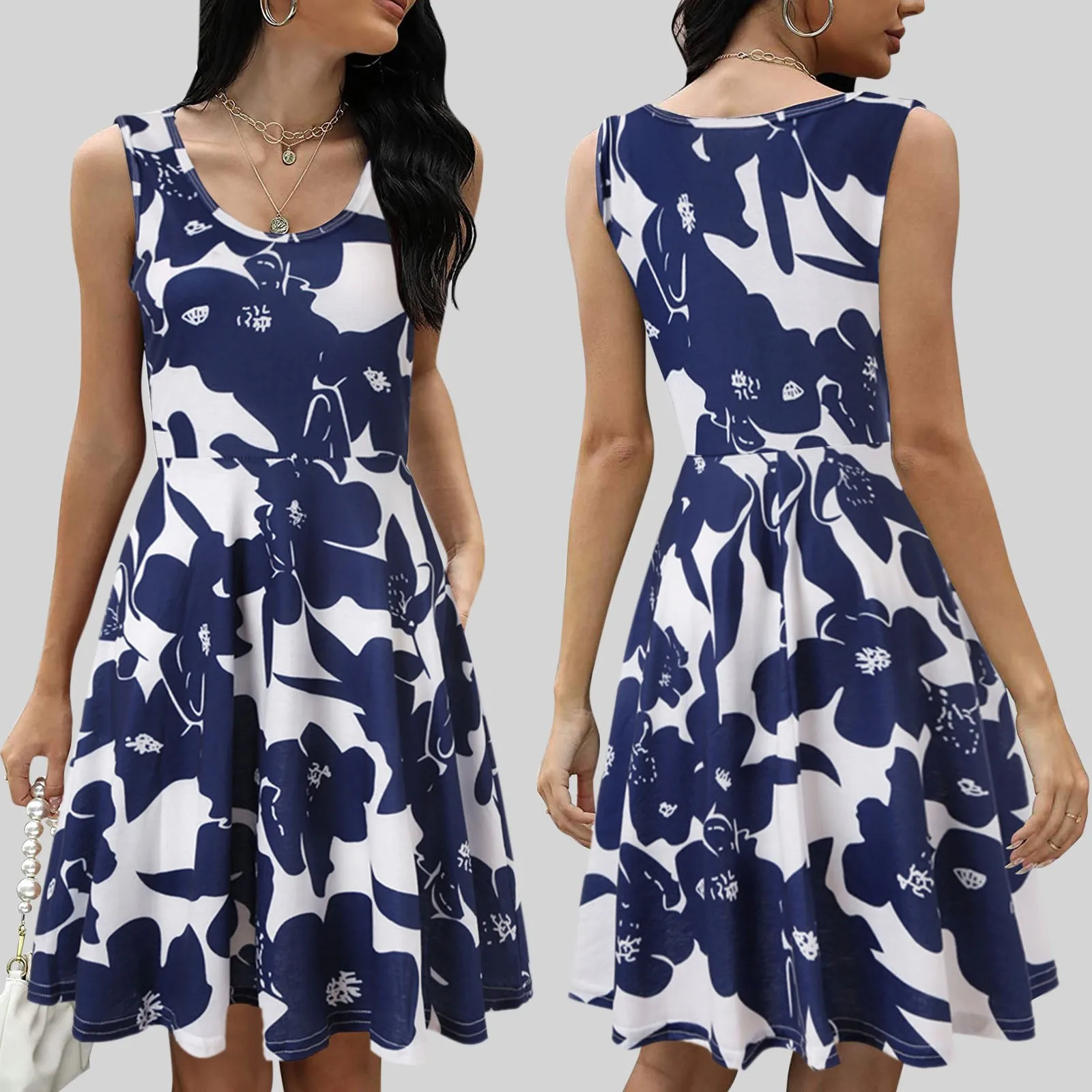 

Beach Style Flower Prints Dresses Women Summer Casual Solid O-Neck Tank Sleeveless A Line Sexy Mini Dress Party Sundress Robe