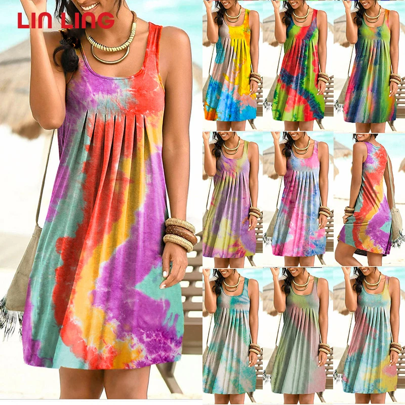 Платье без рукавов с принтом тай дай женское платье свободные винтажные пляжное
