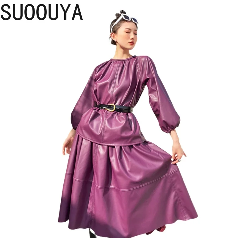 

[SUOOUYA] Women Long Sleeve Pu Leather Half-body Skirt Two Pieces Suit New Round Neck Loose Fashion Tide Spring Autumn 2021
