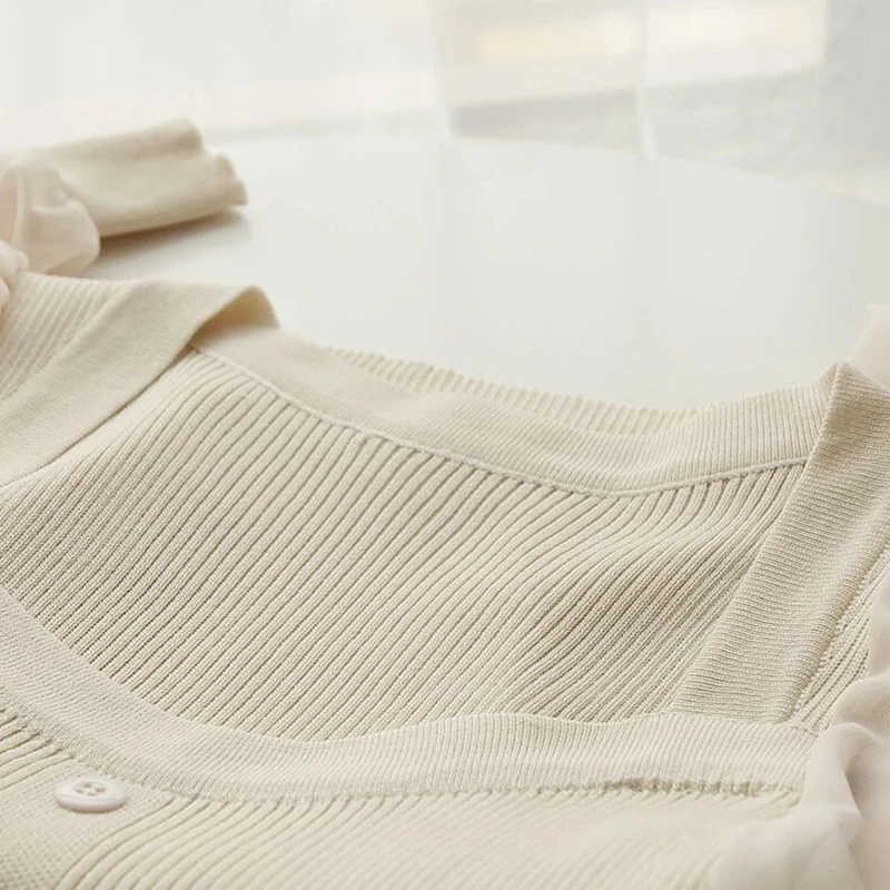 

Vintage Puff Sleeve Knitted Blouse Women Summer Square Collar Patchwork Blouses and Tops Fake Two Piece Shirts blouses femme