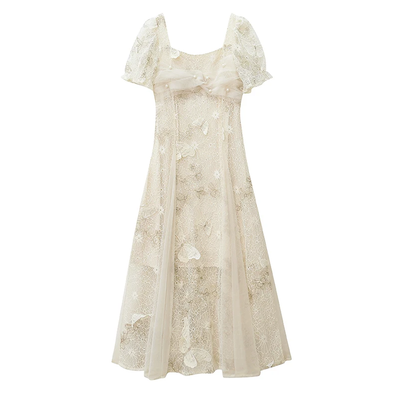 

COIGARSAM 2021 Women Summer Lace Elegant Square Collar Short Sleeve Floral Vintage Dress Female Party