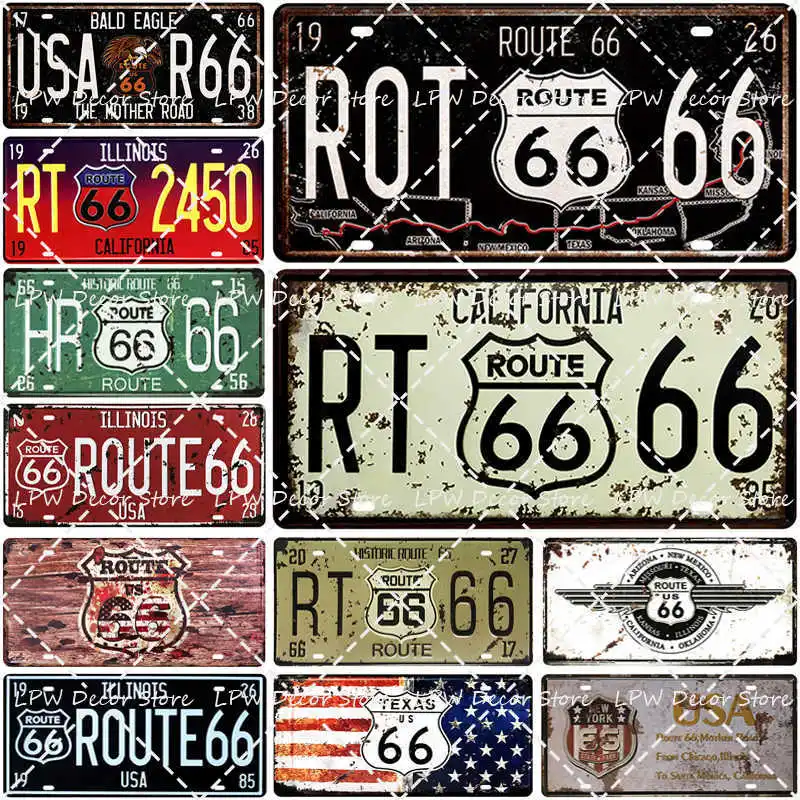 

Route 66 License Plate Store Bar Garage Wall Decoration Tin Sign Vintage Metal Sign Home Decor Painting Plaques Poster Art Gift