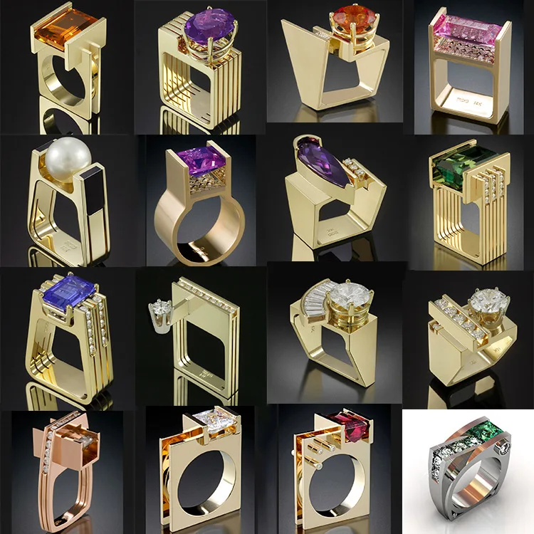 

Unique Geometric Crystal Zircon Stone Ring Fashion Yellow Gold Ring Jewelry Promise Wedding Engagement Rings For Women