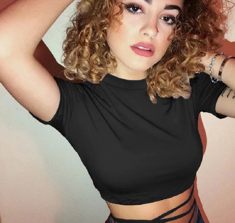 Футболка женская однотонная на пупке топ с коротким рукавом и круглым вырезом в