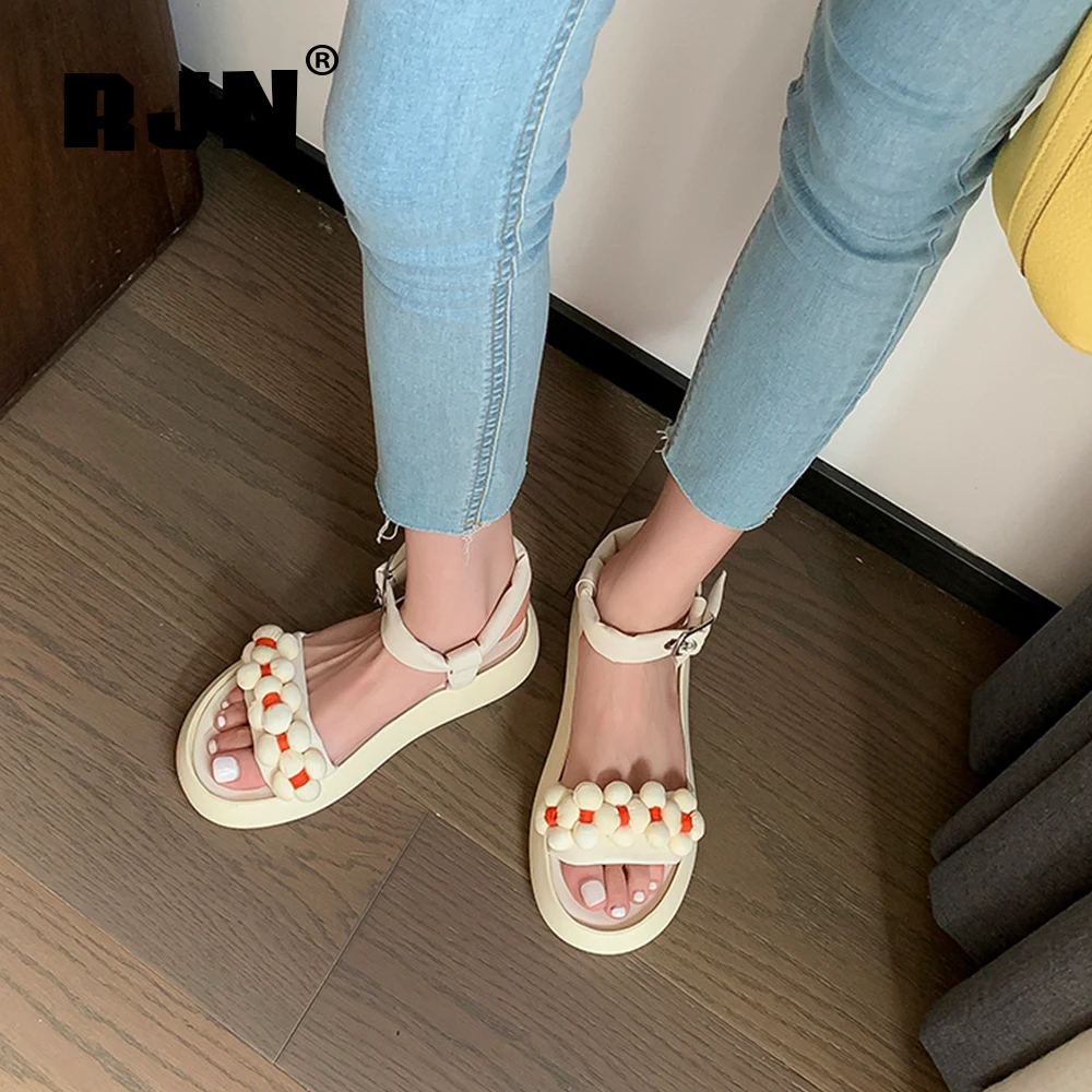 

RJN Platform Stylish Flower Sandals Women Shoes 2021 Summer Soft New Dressing Round Toe Ankle Buckle Comfortable Sweet RL108