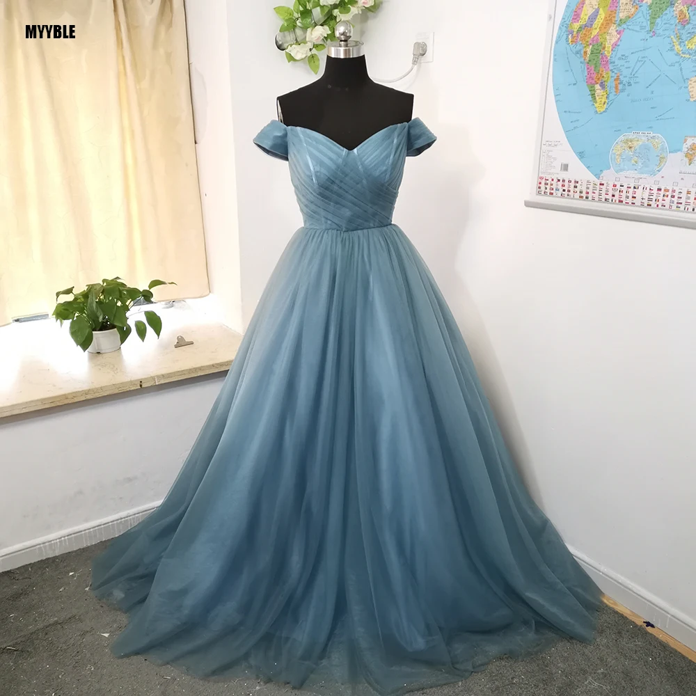 MYYBLE 2021 ash-blue shoulder formal evening dress brush style tuxedo short-sleeved swing back lace up cheapgrab fold popular |
