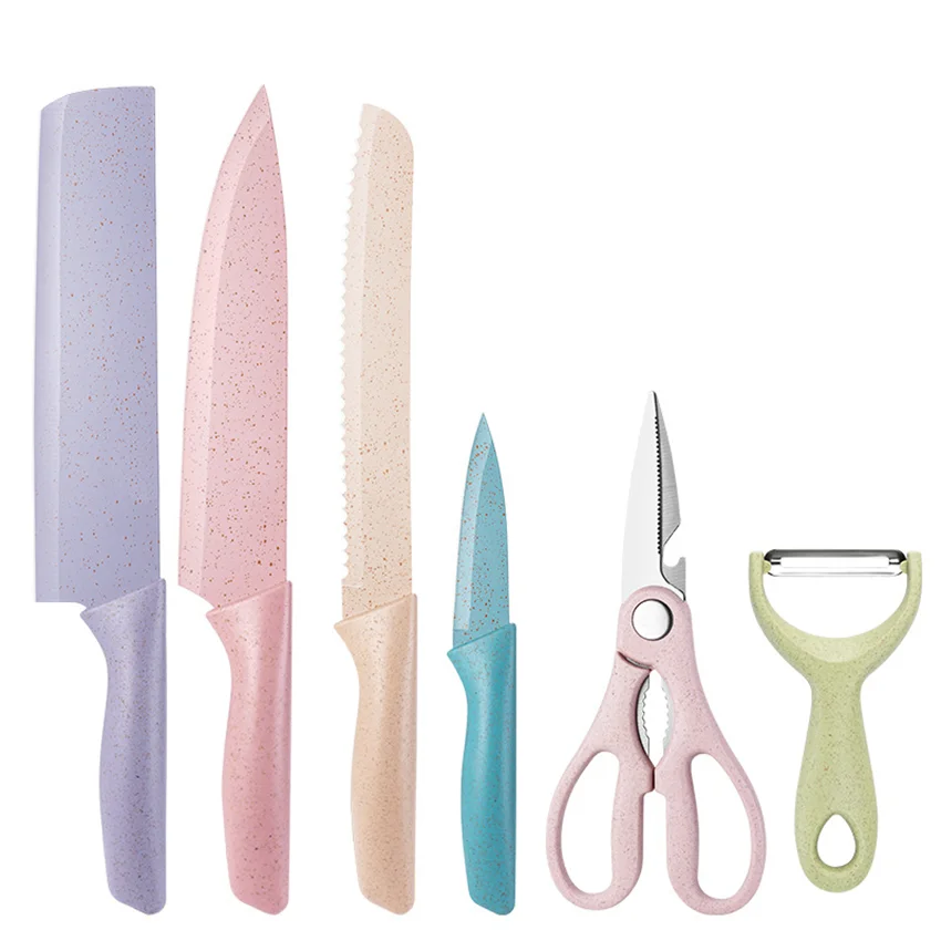

6 PCS New Wheat Straw Knife Set Stainless Steel Kitchen Tool Chef's Knife Slicing Peeling Fruit Kitchen Supplies