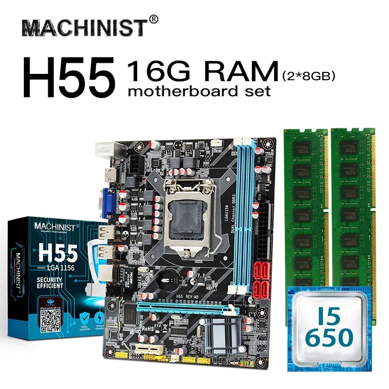 Комплект материнской платы H55 LGA 1156 процессор Intel core I5 650 3 2 ГГц 16 Гб (2*8 ГБ) 1600 МГц DDR3