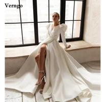 verngo modest ivory satin long sleeves formal evening dresses v neck front slit floor length women robe de mariage