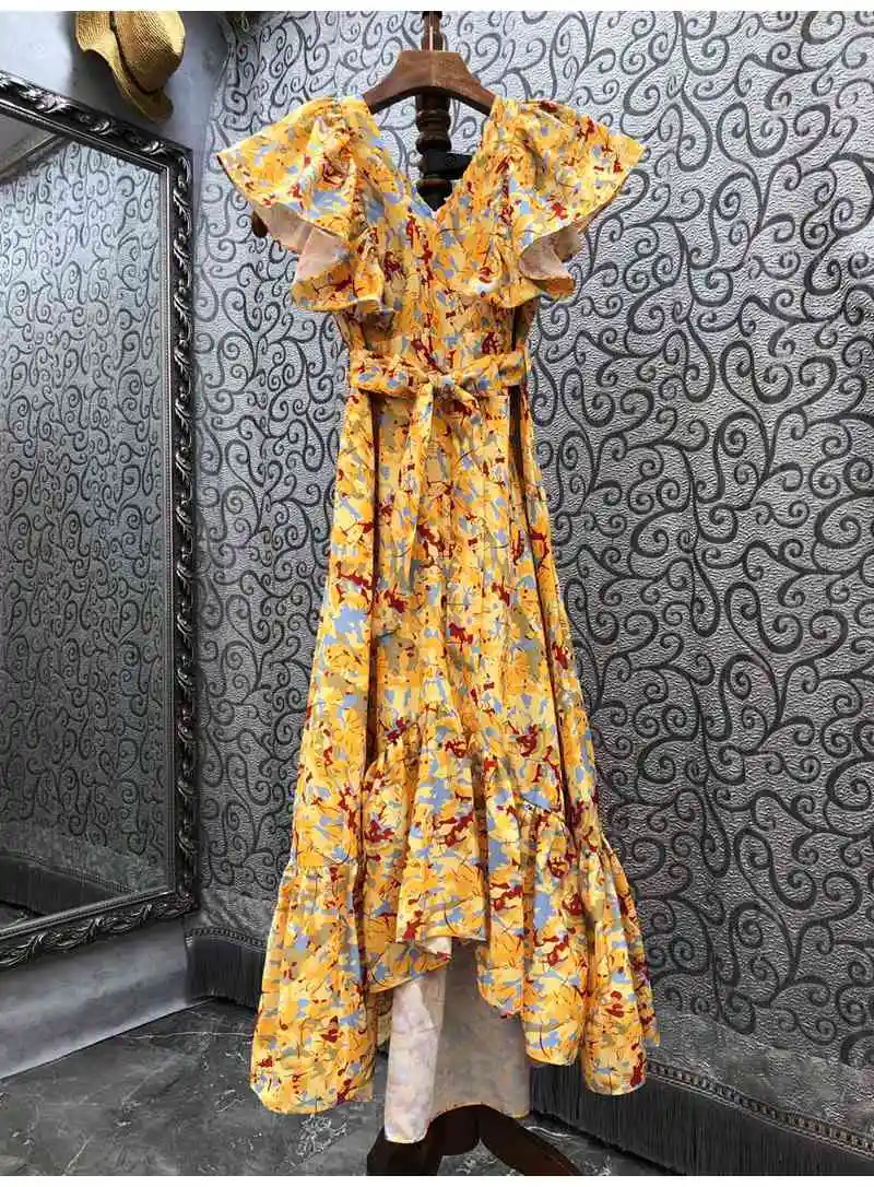 

Sexy V-Neck Long Dress 2022 Spring Summer Clothing Women Yellow Floral Print Ruffle Deco Sexy Asymmetrical Long Maxi Dress Boho