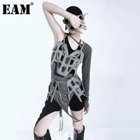 eam half body skirt gray hollow out two pieces suit new sleeveless gray loose women fashion tide spring summer 2022 1de1510
