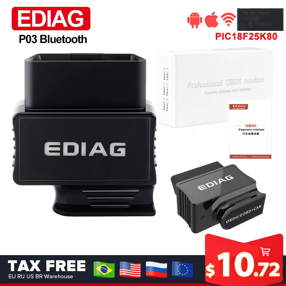 Диагностический инструмент Ediag P01 P02 P03 ELM327 V1.5 Wi-Fi Bluetooth PIC18F25K80 для Android IOS Elm 327