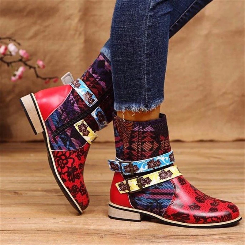 

Vintage Splicing Printed Ankle Boots For Women PU Leather Belt Buckles High Heels Female Boots Plus Size 35-43 Autumn New